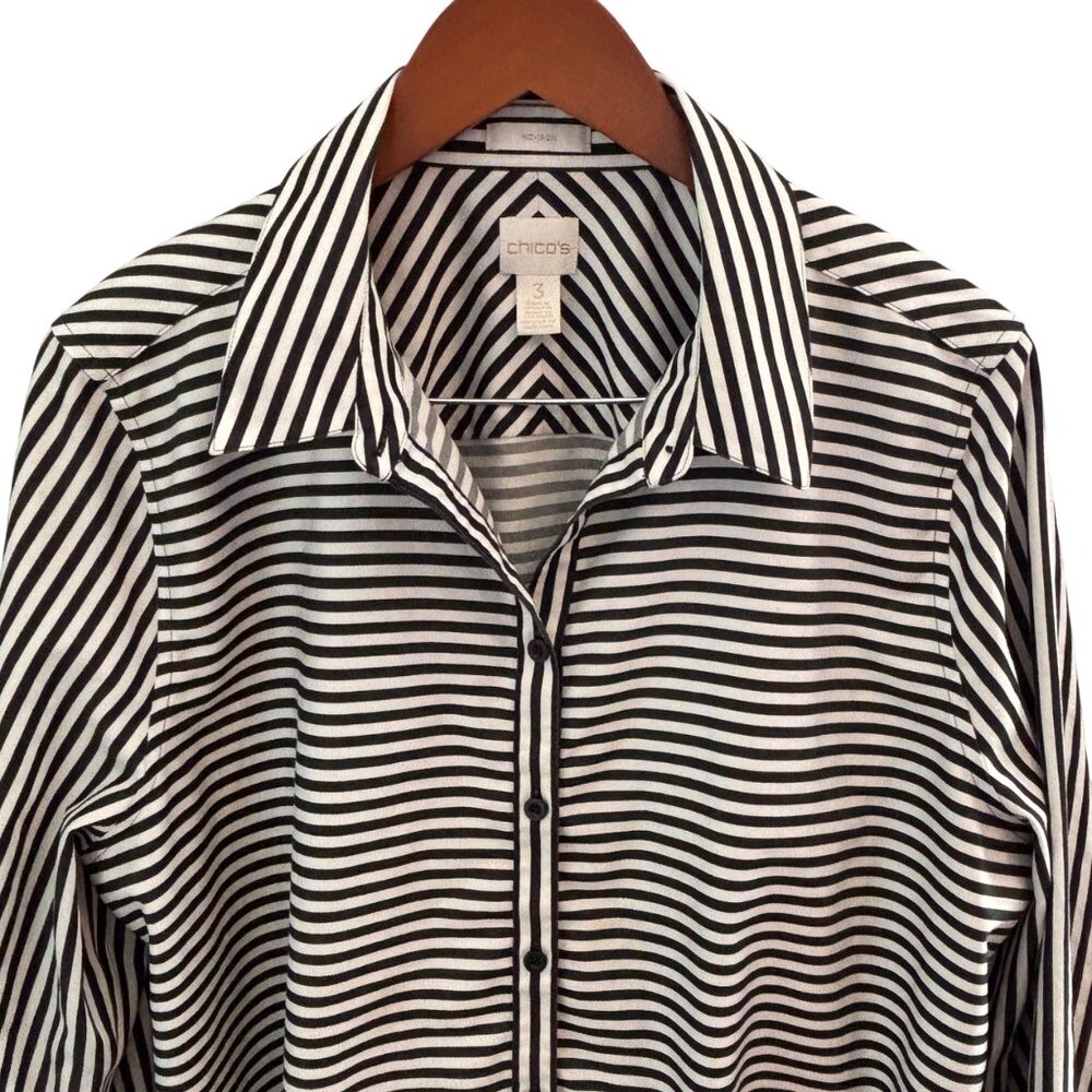 Chico's Button Up Long Sleeve Shirt Size 3 / US 16 Cotton Black & White Stripes - Picture 4 of 11